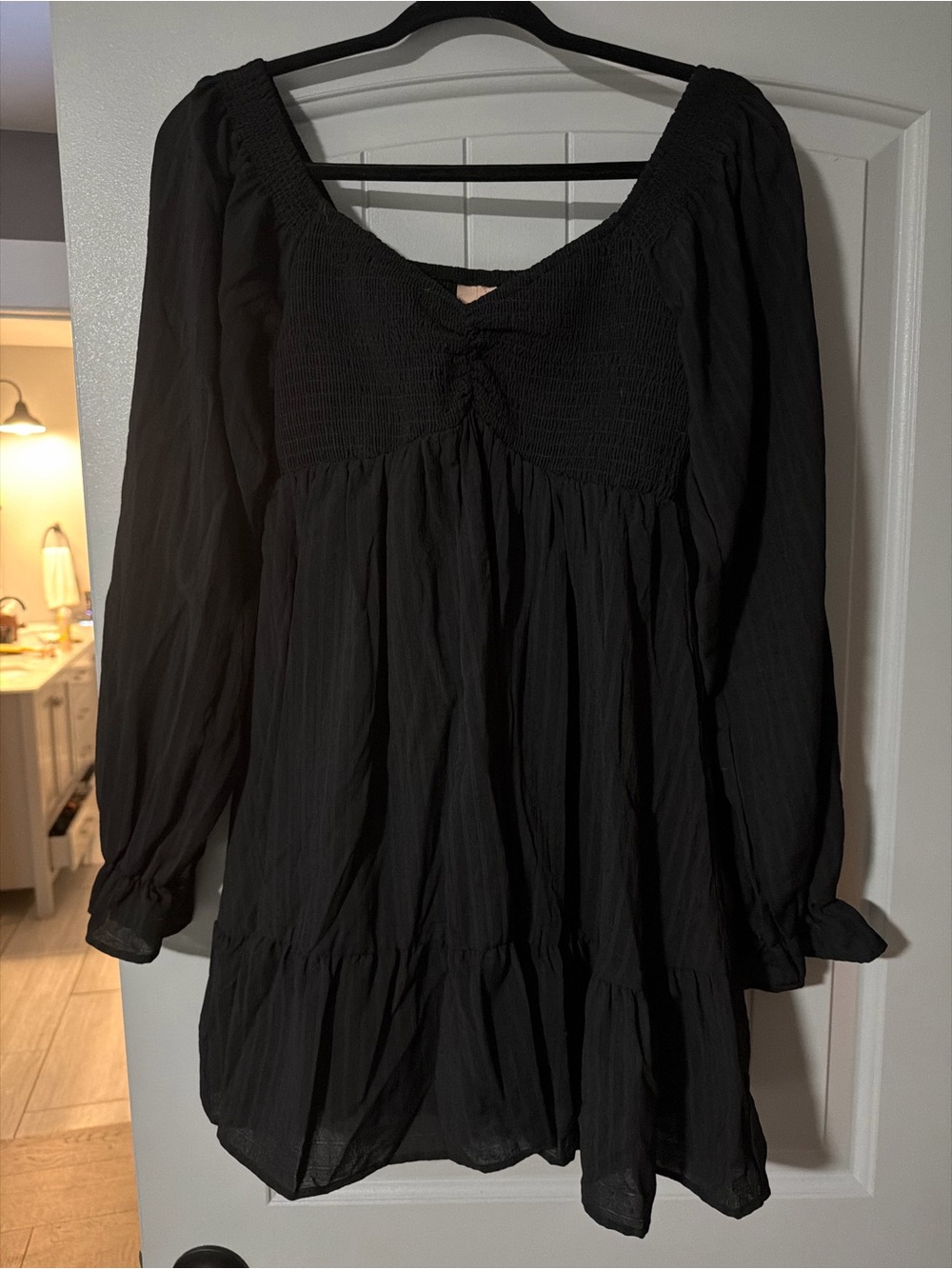 Black Long-Sleeve Smocked Babydoll Dress